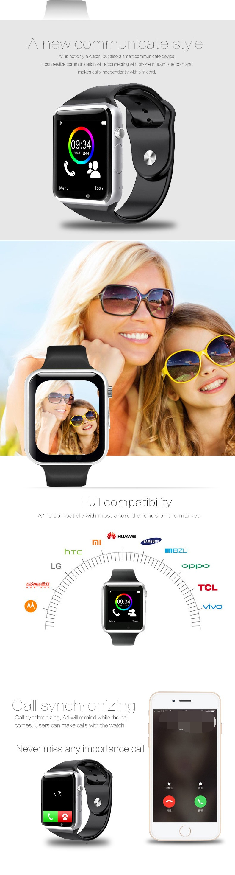 Smart Watch A1 Smartwatch For Android IOS Phone Women BLE Watch With Retail Box Spain Market