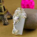 925 Sterling Silver Sculptured Flower Bird Natural Jade Pendant Necklace