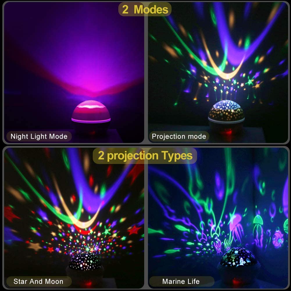 Built-in 12 Light Songs 360 Degree Rotating 8 Colorful Night Light Projector Remote Control and Timer Design Projection