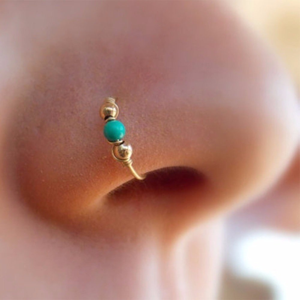 Fashion Retro Round Beads Nose Ring Nostril Hoop Body Piercing Jewelry