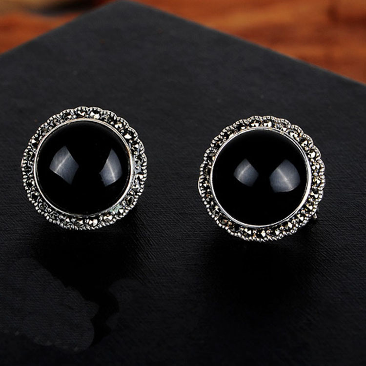 Thai Silver Jewelry 18mm Black Onyx with Marcasite Vintage Earrings (E11066)