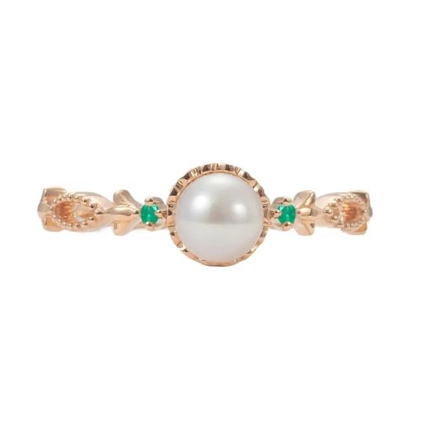 Plated Natural Freshwater Round Cut Pearl Green Emerald Vintage Engagement Ring