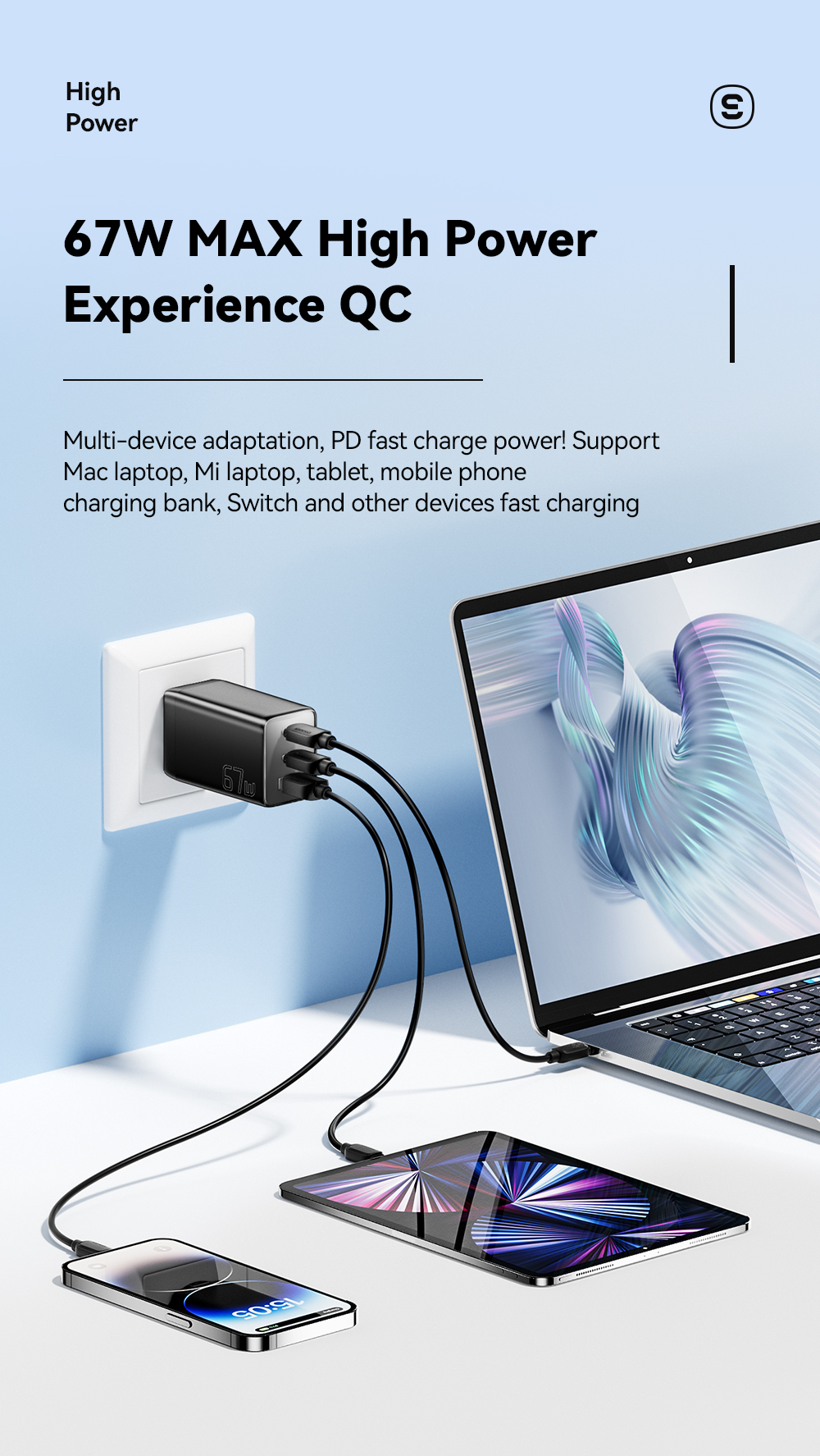 Cell Phone 3 Ports GaN Fast Charger USB C To USB C 67W ESSAGER G671A2CU1 Series
