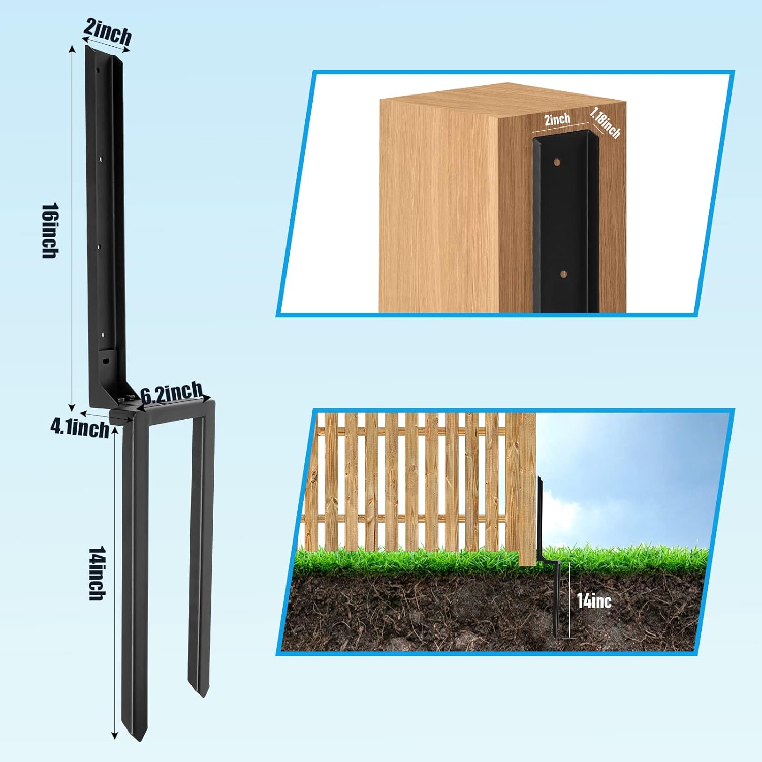 2 Pcs Double Ground Spike Fence Post Anchor for Tilted/Broken Wood Fence Post Repair