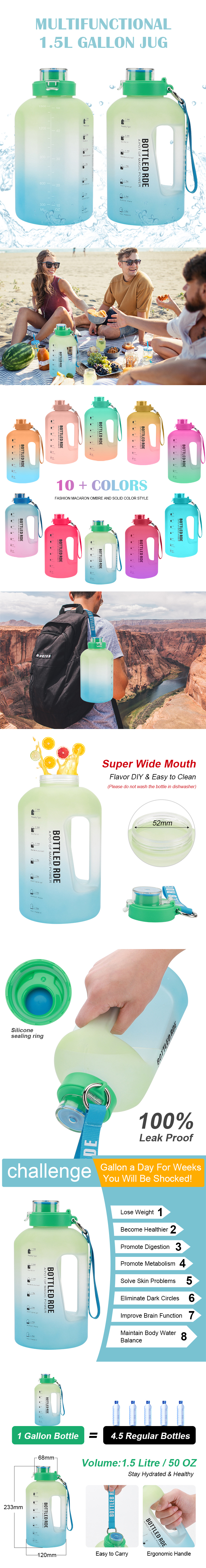 Wholesale 1.5l Large Capacity Gradient Color Gym Water Plastic Jug BPA Free Sport Water Bottle With schedule