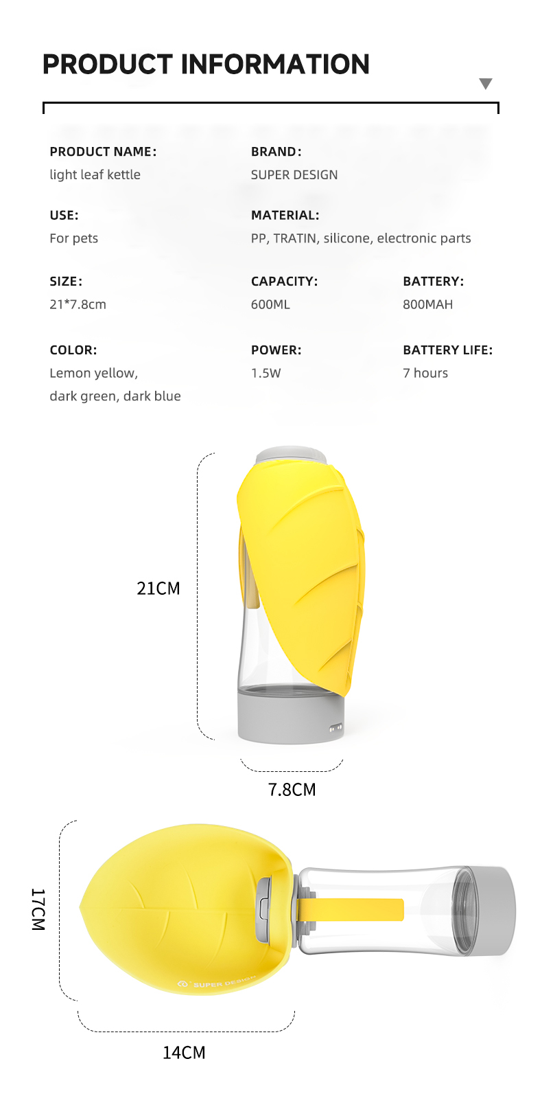 Yellow 220V-240V Dog Drink Bottle PP Light Water Bottle For Travel