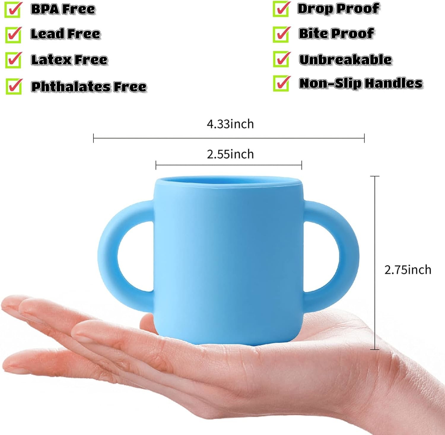 2 ears Silicone Training Cups for Baby and Kids, Toddler Learning Cups with Handles, BPA Free, Microwave and Dishwasher