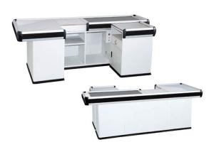 Quality Silver White Retail Checkout Counter / Cash Register Desk With Conveyor Belt wholesale