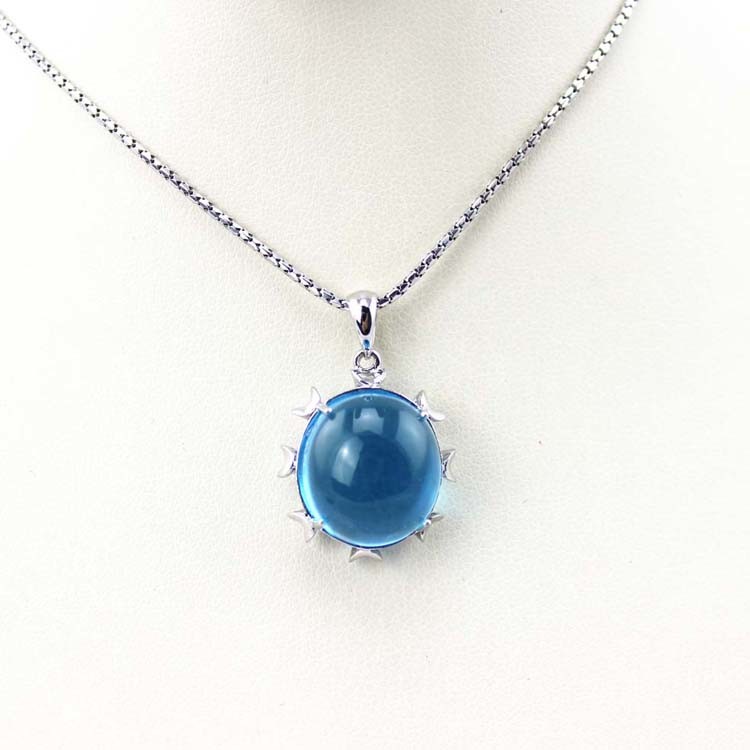 Women Jewelry 14mmx16mm Oval Dome Blue Topaz Cubic Zirconia Pendant Necklace (PSJ0197)