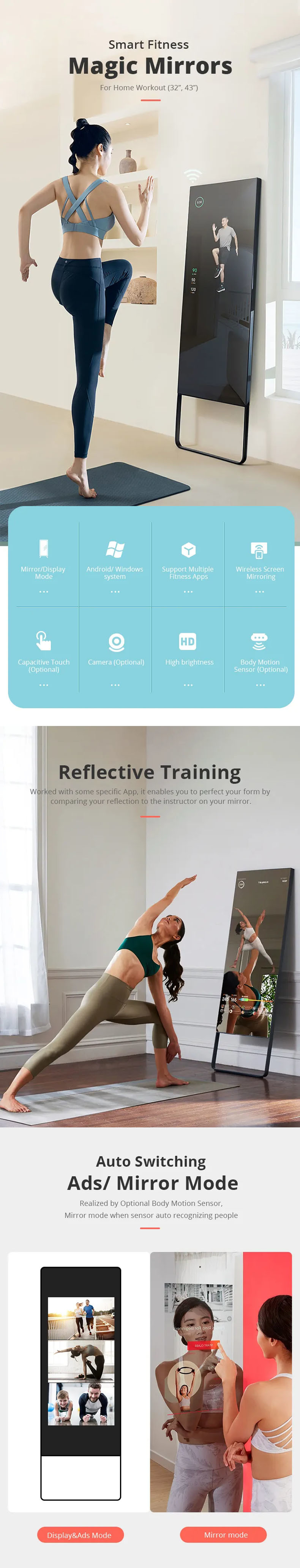 Fitness LCD Mirror Advertising Display 350cd/m2 High Brightness