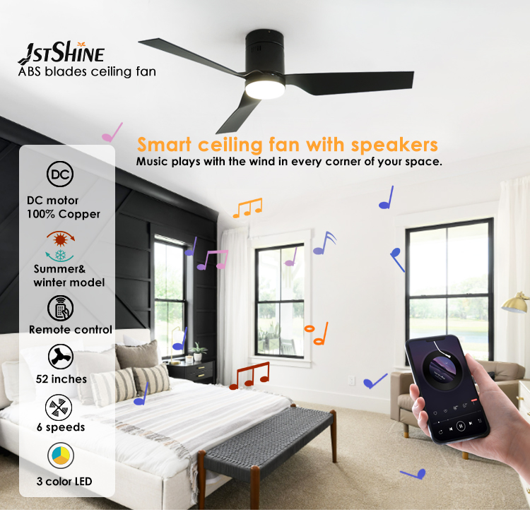 Plastic Blades 52" Smart Ceiling Fan with WiFi Music Play and Metal Lamp Body Material