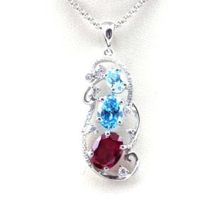 Quality 925 Silver Jewelry Oval Mix Blue Red Cubic Zircon Three Stones Pendant Necklace (PSJ0378) wholesale