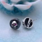 Vintage Black 925 Silver Skull Stud Earrings with Red Cubic Zircon (XH054872W)