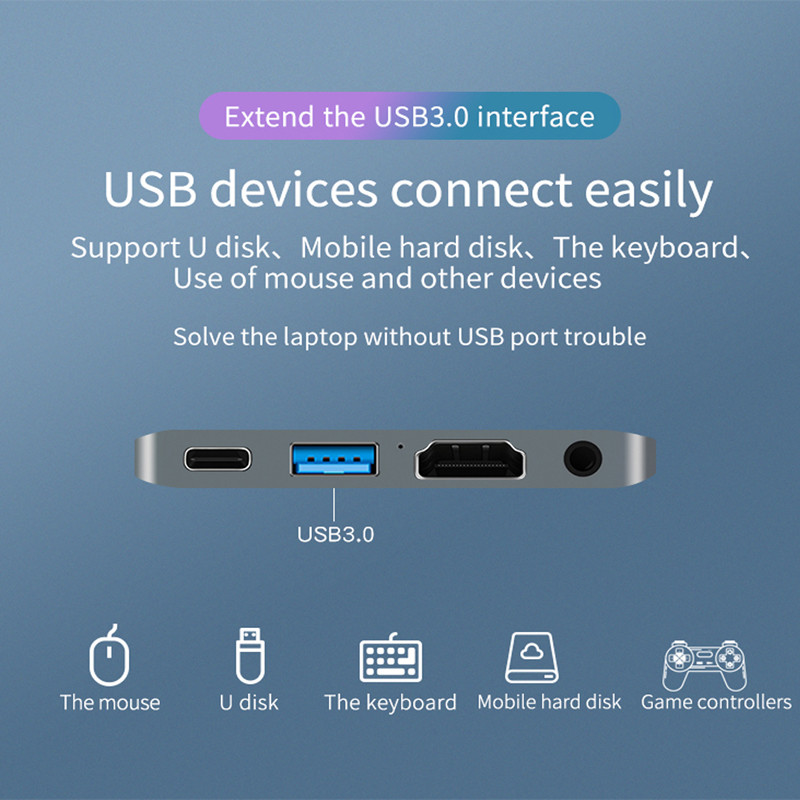 4 In1 Type C HDMI Hub To 4K HDMI USB3.0 PD 60W Charging Audio