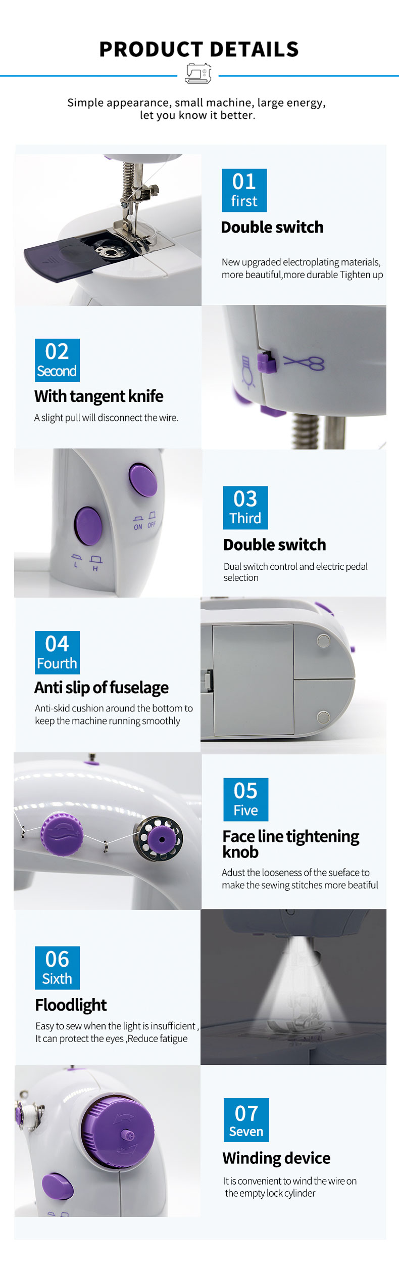Lock Stitch Formation Multi-function Mini Electric Sewing Machine for Cloth UFR-2022