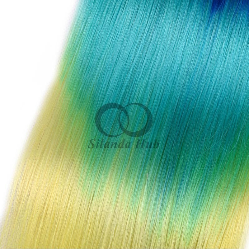 Blue/Light Blue/Yellow Straight Remy Human Hair Bundles Sew In Weave Bundles Brazilian Bundle Deals