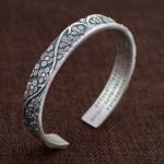 Women Sterling Silver Engraved Flowers Buddhist Sutras Retro Cuff Bracelet