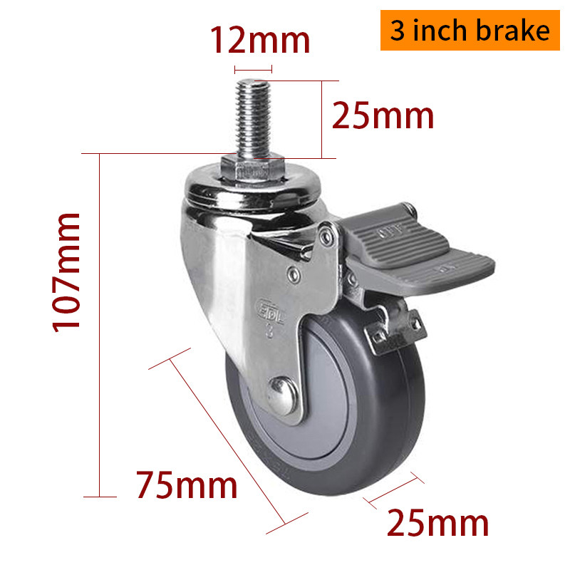 Light Duty Castor Wheels 75mm 3 Swivel Caster With Brake 3723S-77
