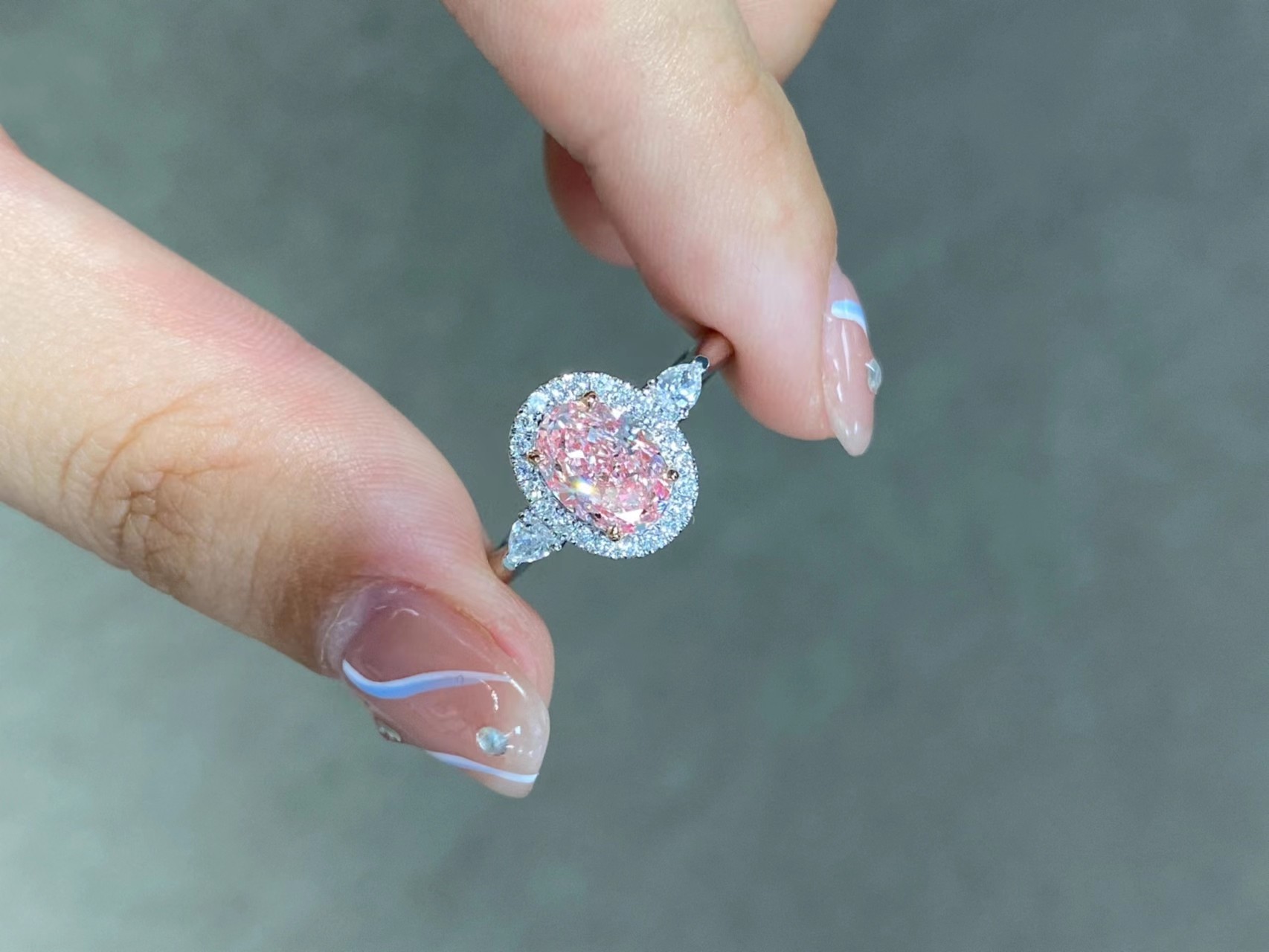 Laboratory Grown Pink Synthetic Diamond Ring Oval Shape VS Center Stone Gold