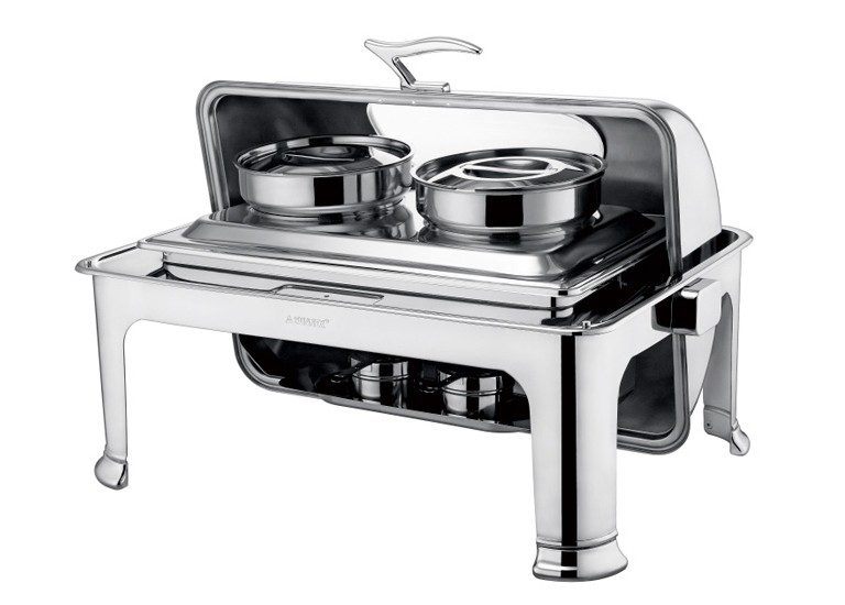 Stainless Steel Rectangular Roll Top Chafing Dish Set With 2 x 4.0Ltr Soup Bucket Optional Visual Windowed Lid