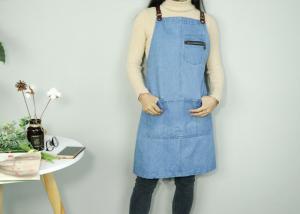 Quality Classic Blue Kitchen Cooking Apron , Washed Women Cooking Apron With 4 Pockets wholesale