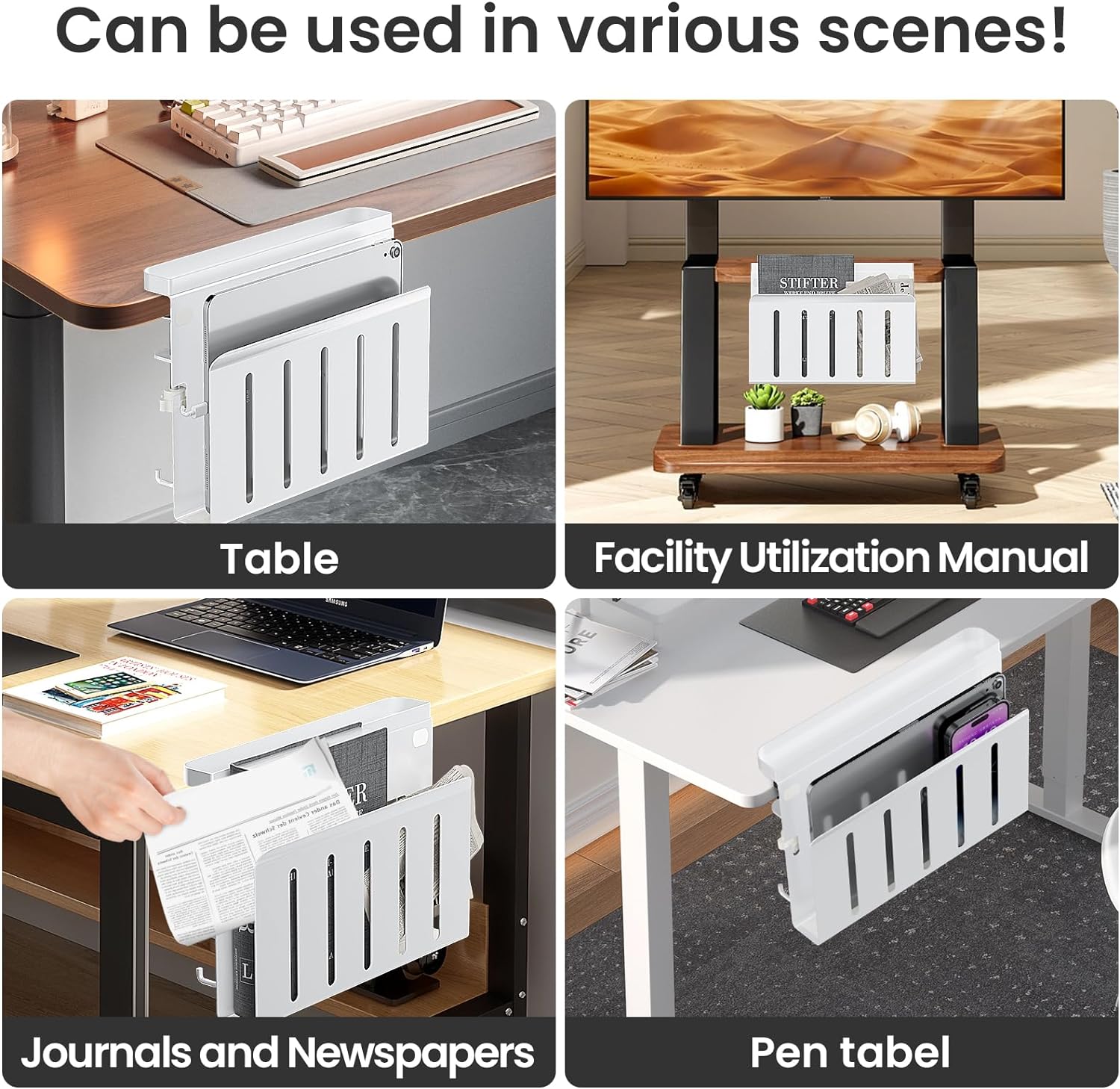 Desk Side Storage No Drill Vertical Laptop Mount with Cable Tray and Hanging Organizer