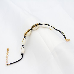 Women Beaded Gemstone Bracelet Black Rope White Shell 21mm Long