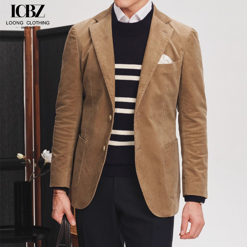 Men's Khaki Corduroy Casual Slim Suit Autumn Single Suit Blazer Jacket with Zipper Fly