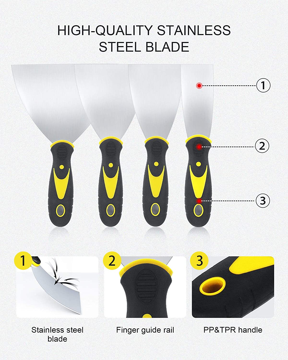 4 Pack Multi Putty Knife Scrapers Set Spackle Knife Premium Stainless Steel Paint Scraper Blade
