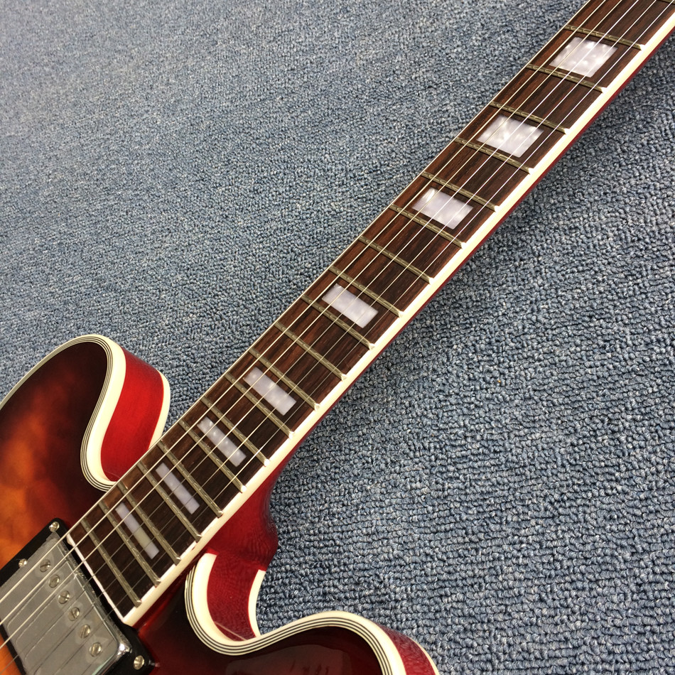 Double F holes jazz electric guitar,Rosewood Fingerboard,burst color Quilte Maple with Red back