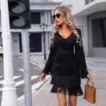 Long Sleeve V Neck Tassel Evening Dress Women Customized Logo Printing