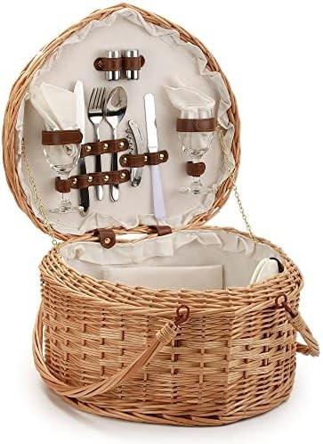 Picnic Basket for 2 Picniking Heart Shaped Empty Woven Wicker Willow Wood Hamper