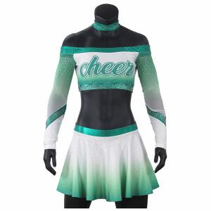 Quality Girls Green Competition Rhinestones Cheerleading Uniforms With Mesh Fabric wholesale