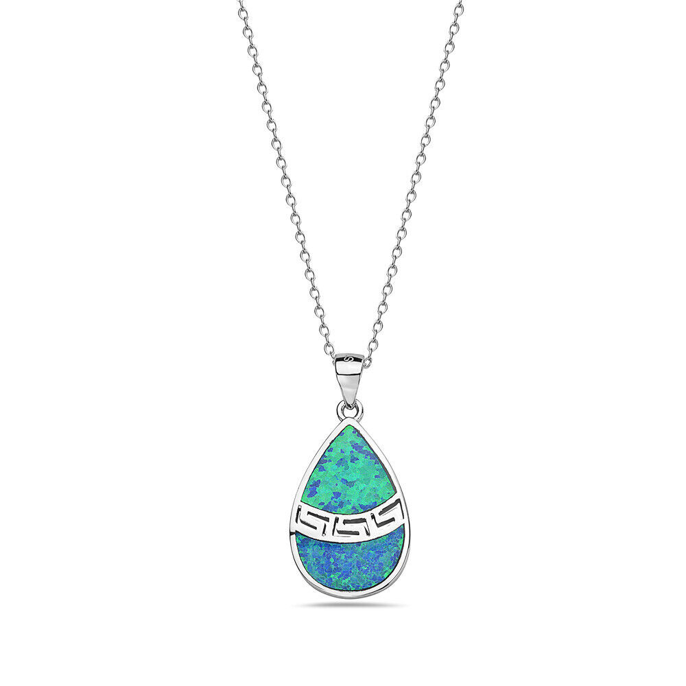 25 Sterling Silver Blue Simulated Opal Greek Key Meander Meandros Spiral Pendant Necklace