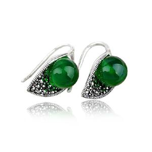 Quality Thai Vintage Sterling Silver 10mm Round Green Agate Hoop Earrings (E11061GREEN) wholesale