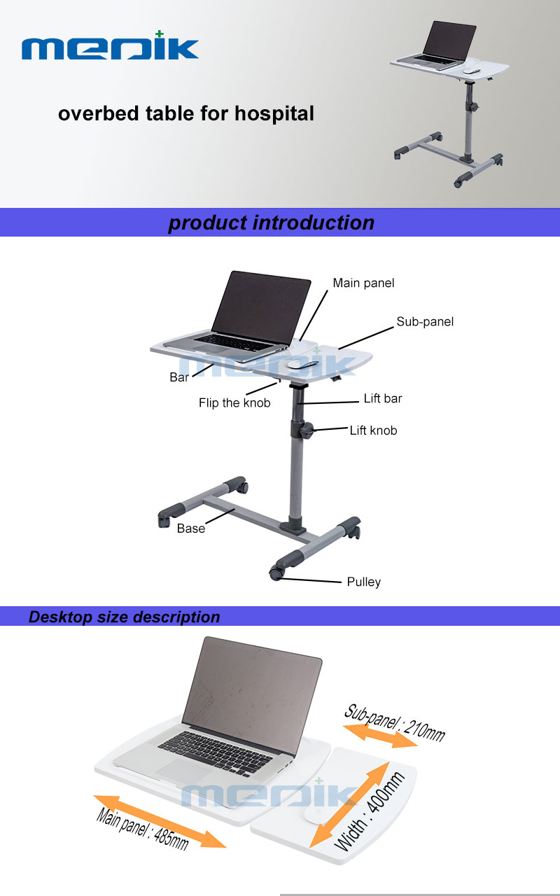 Tilt-Top Medical Adjustable Overbed Bedside Table With Wheels