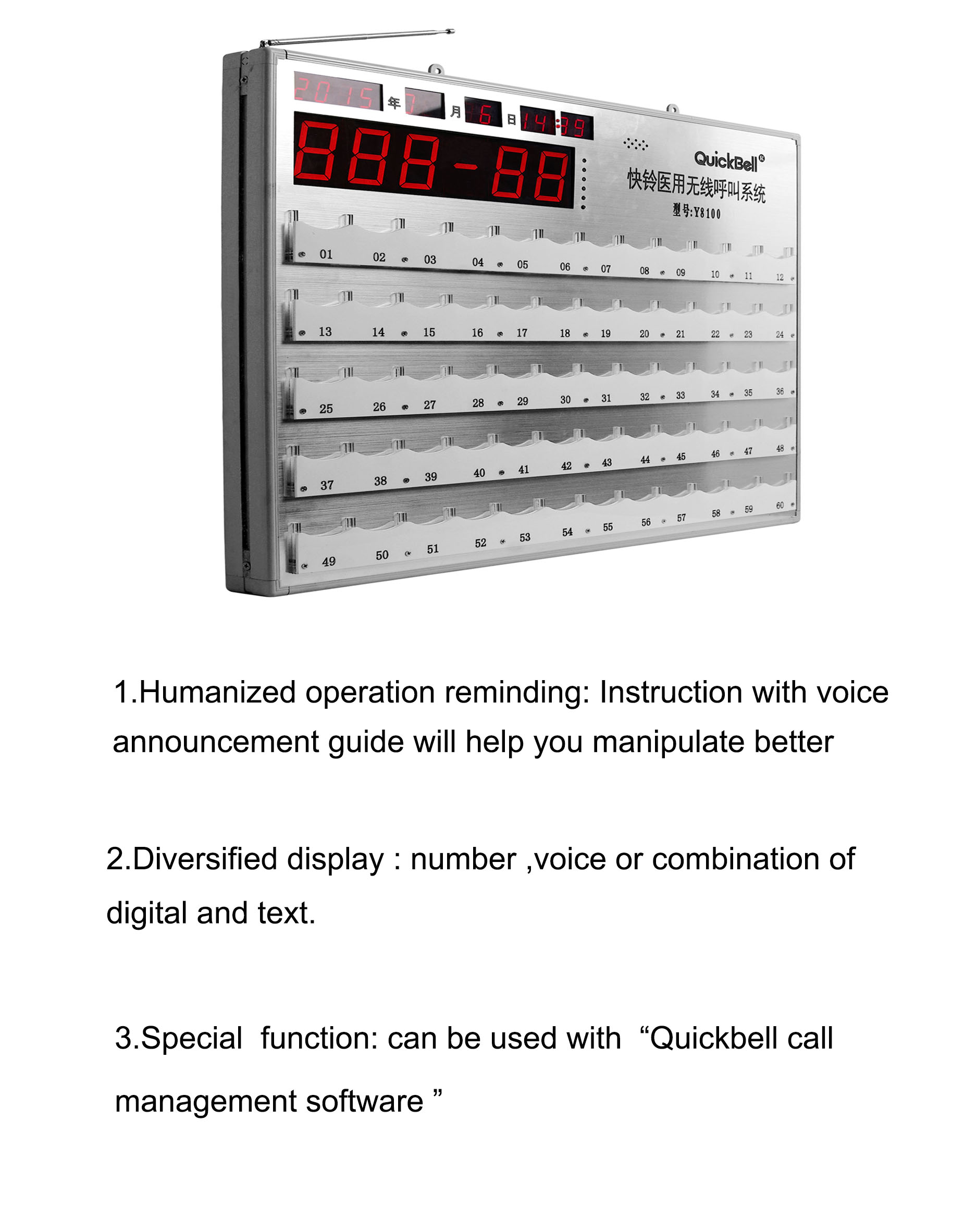 Wireless long range hospital service calling system with digital display screen and voice announcements