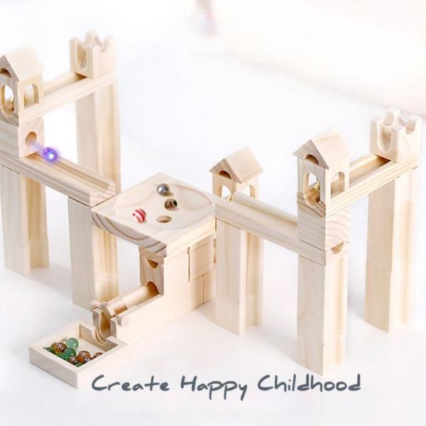 60pcs Wooden Marble Track Assembly Building Blocks Ball Puzzle Children