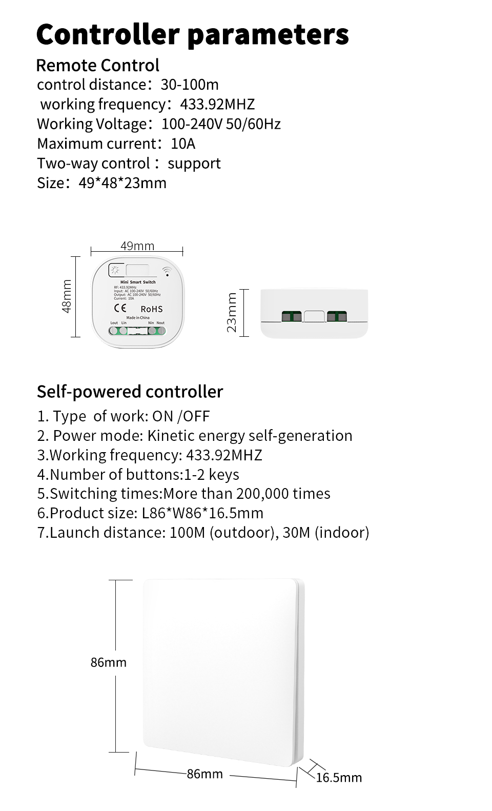 16A Wireless Wall Switch 86 Type Waterproof Self Powered Remote Light Switch