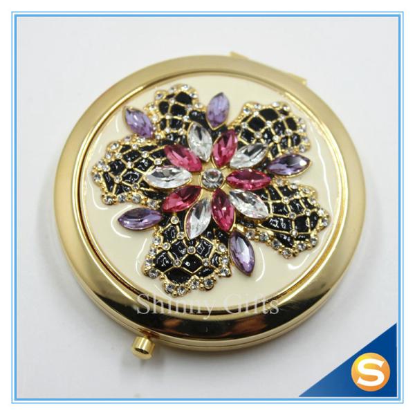 Shinny Gifts Luxury Rhinestone Flower Design Metal Compact Mirror Small Makeup