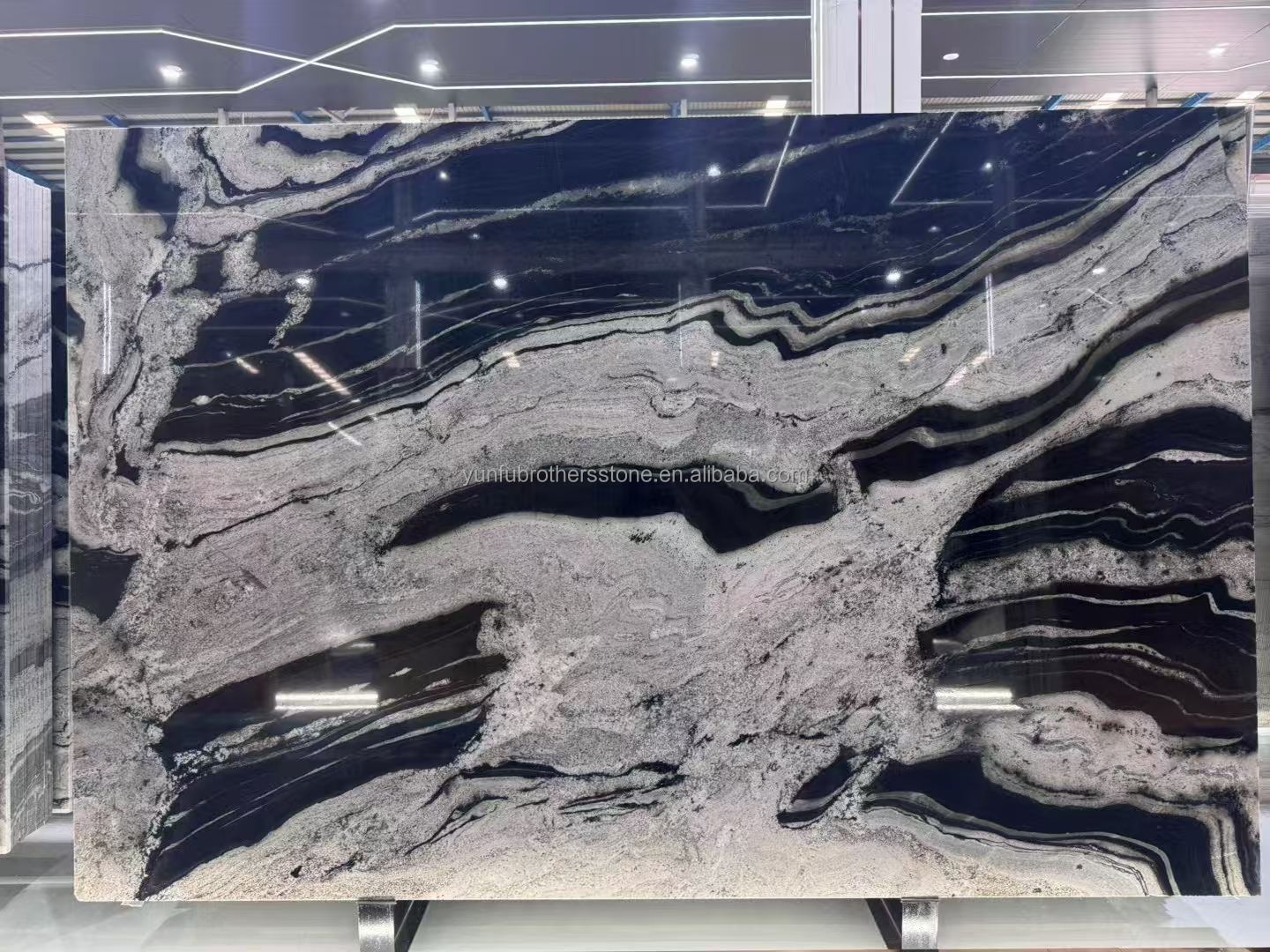 Modern Black Kitchen Countertop with Cabinets Stone Name Ink Impression Marble Big Slab