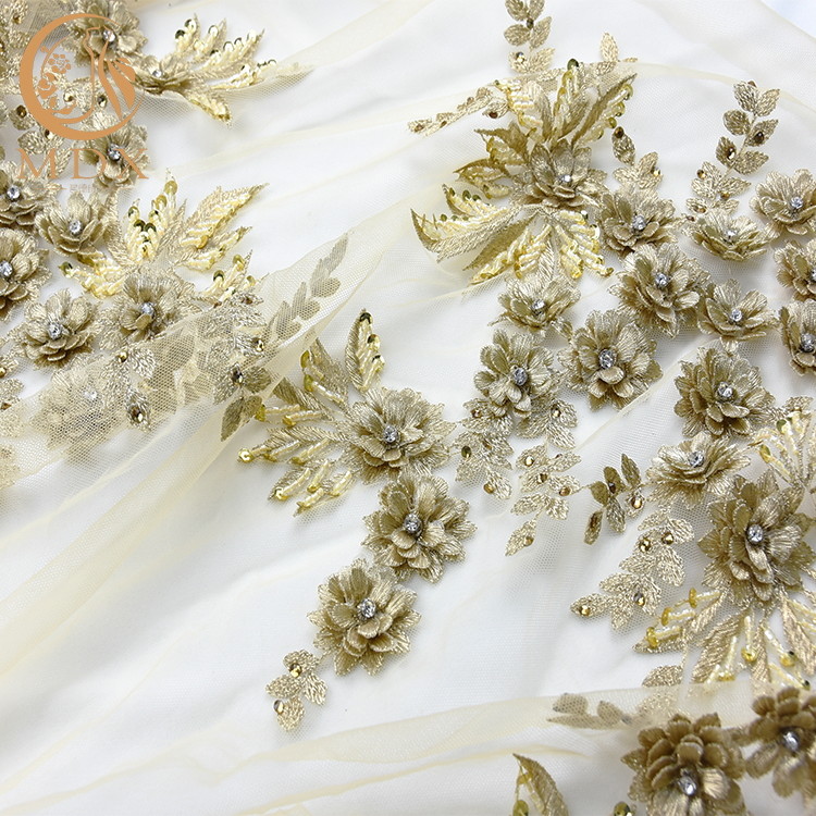 Gold Rhinestones Bridal Lace Fabrics Polyester Decoration 55 Inch Width