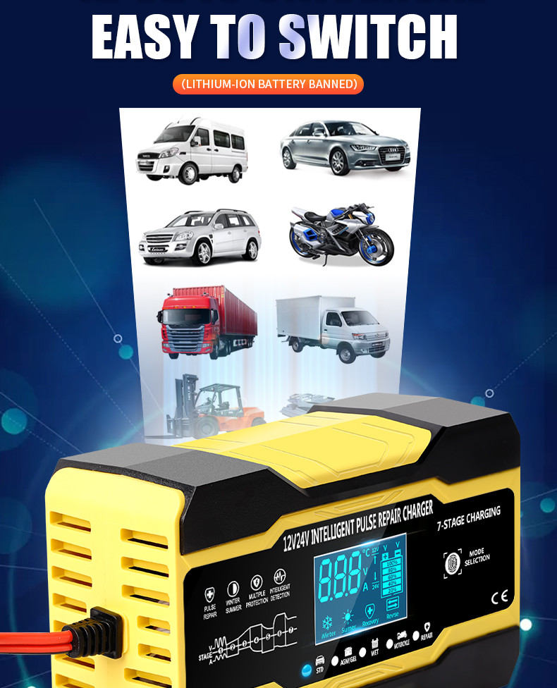 600W Intelligent Pulse Repair Battery Charger 12V 24V For Motorcycle
