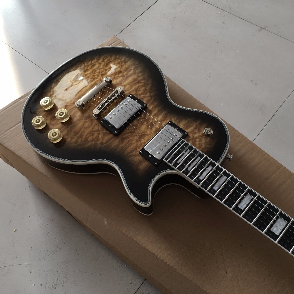 NEW Arrival Custom Electric Guitar with TonePros, Ebony fretboard-fret nib binding, Quilted Maple Top & Back, in Brown