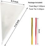 200 PCS Cone Bag 6 x 15 Inch Clear Triangle Treat Bags with Twist Ties for