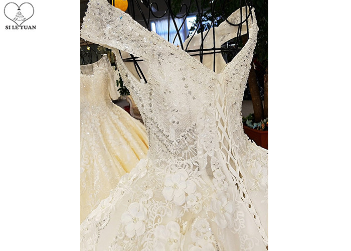 Luxury Bridal Ball Gowns Off Shoulder Sweetheart Lace Long Tail Crystal Beading