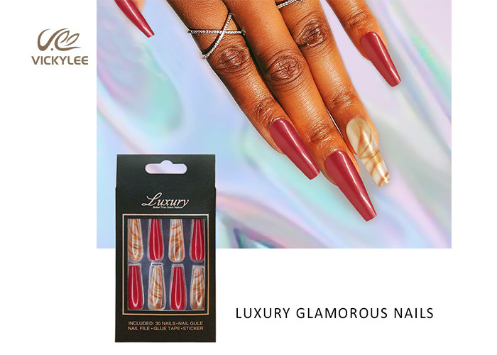 Long French Ballerina ABS red coffin nails 3 Minutes Fast Manicure