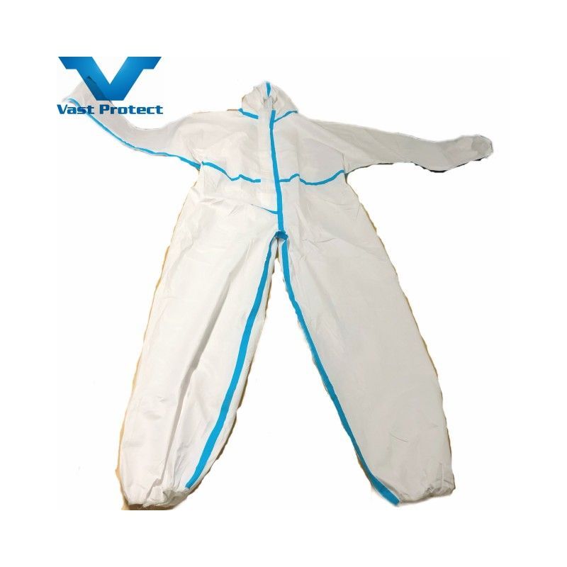 Soft Disposable White Micro Film Coverall with Blue Tape