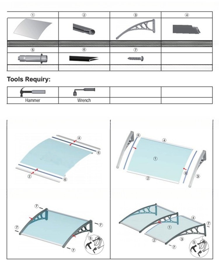 Outdoor Anti UV Polycarbonate Window Door Awning Solid Sheet PP / PA Bracket