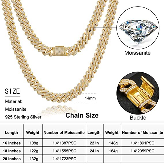 NGTC Moissanite Cuban Chain 925 Sterling Silver Miami Cuban Chain 13mm Width